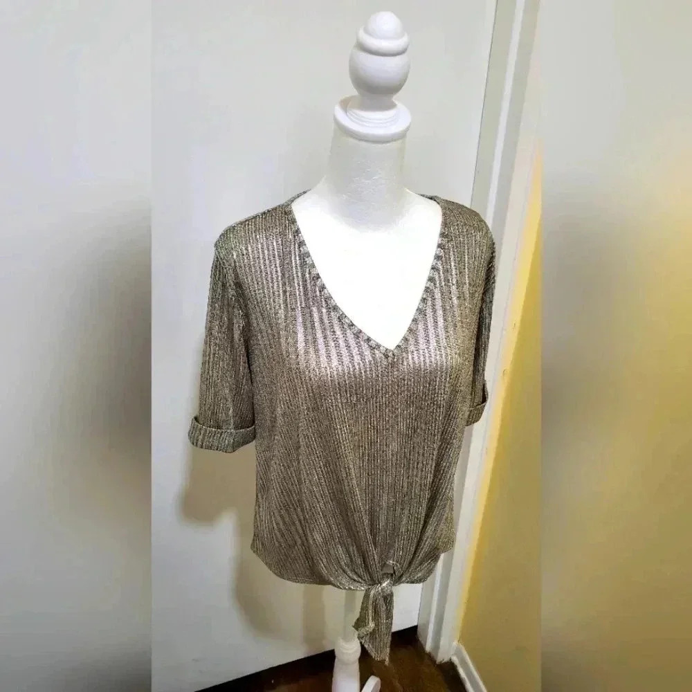 KIM & CAMI NWOT Women's Silver v neck top holiday party club